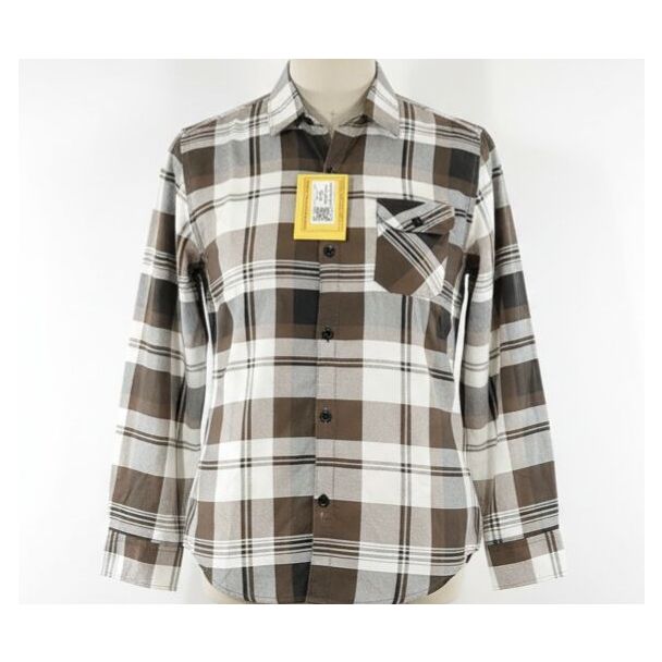 Close-up of a brown and white plaid long sleeve button-down shirt with a collar.