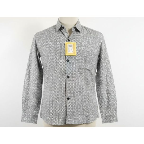 Gray men's button-down shirt with a geometric pattern, long sleeves and a collar.