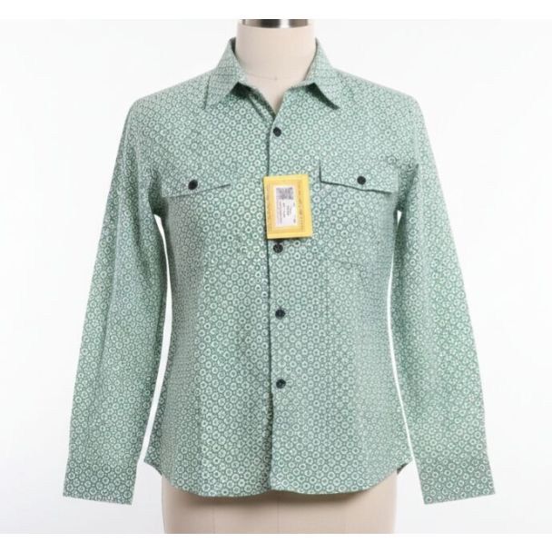 Mint green shirt with white geometric pattern, long sleeves, button-down collar, and two chest pockets