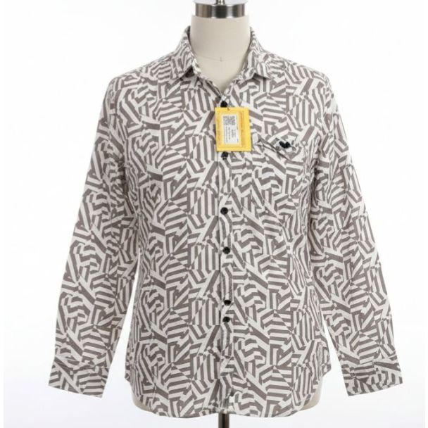 White and gray geometric print button-down shirt with long sleeves and a classic collar.