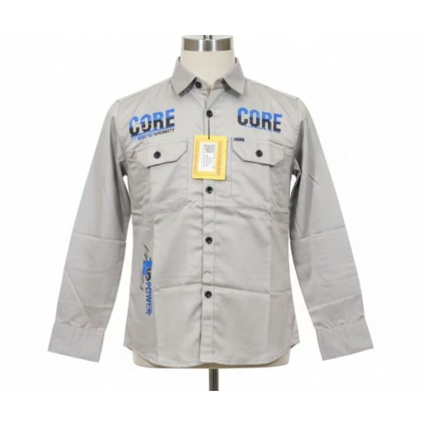 Light gray cotton shirt with long sleeves, buttoned cuffs, chest pockets and CORE graphic print.