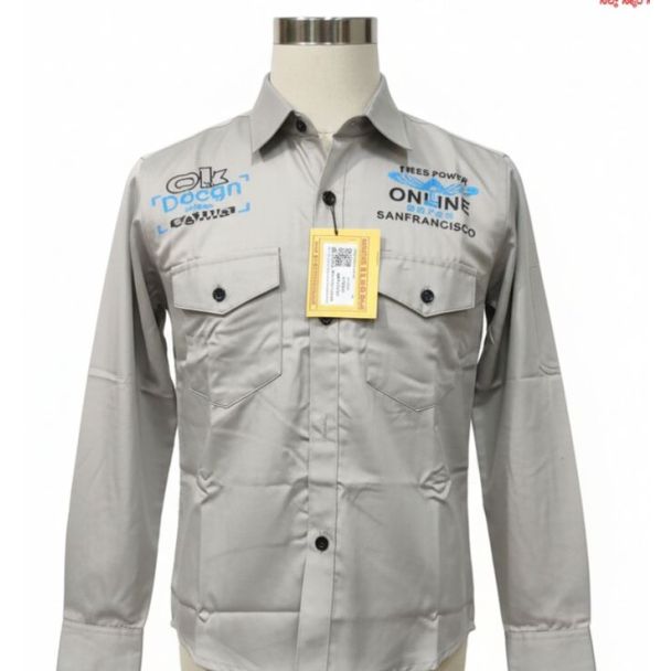 Light grey work shirt with a button-down closure, long sleeves, two chest pockets, and a collared neckline.