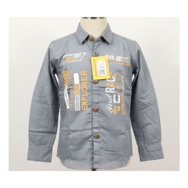 Gray cotton shirt with white and orange graphic prints, long sleeves and buttoned front, for boys