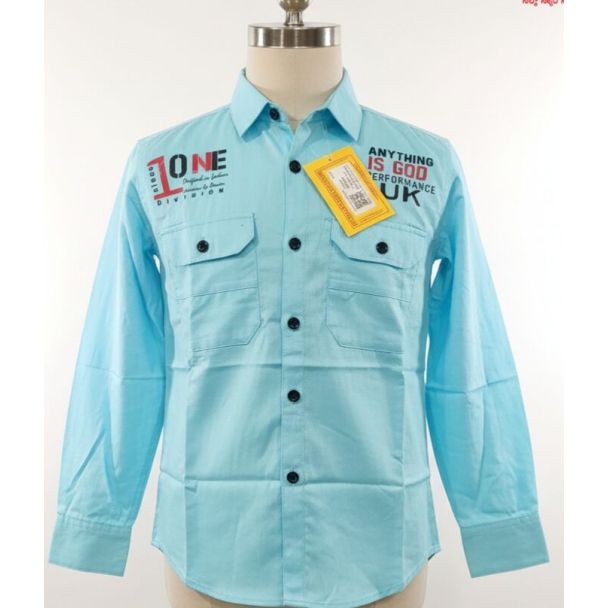 Aqua blue cotton long sleeve shirt with graphic prints and chest pockets
