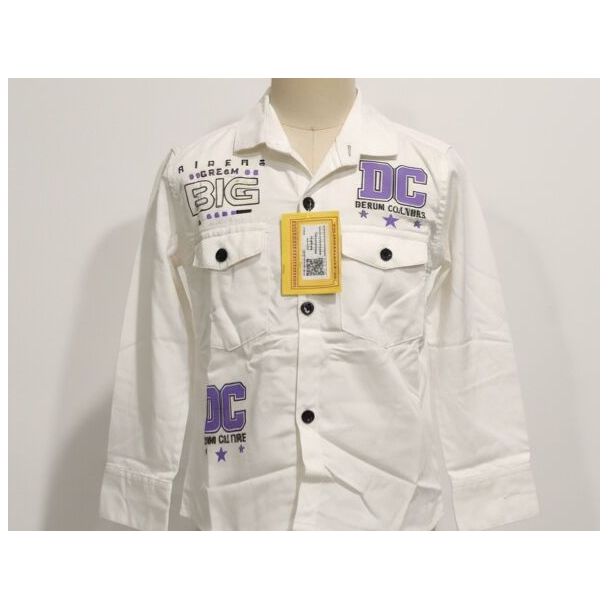 White cotton shirt with purple graphic prints and long sleeves