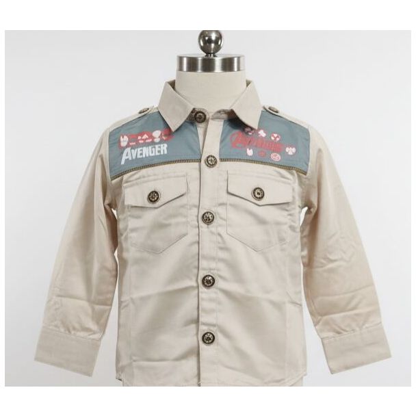 Beige cotton long-sleeve shirt with grey shoulder accents and 'Avenger' graphics