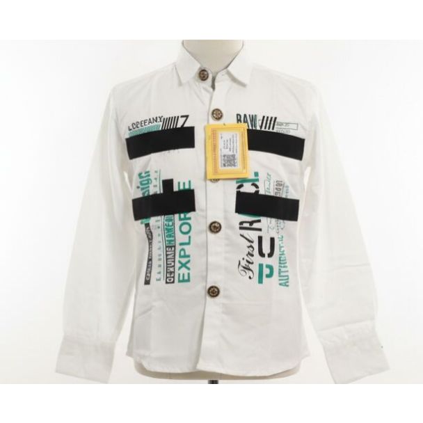 White cotton shirt with black and teal graphic typography prints and full sleeves.