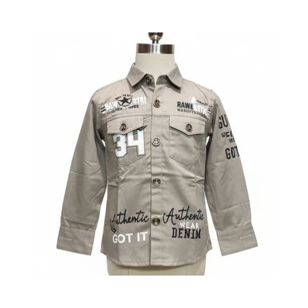 Taupe boys full-sleeve utility shirt with graphic prints and dual chest pockets.