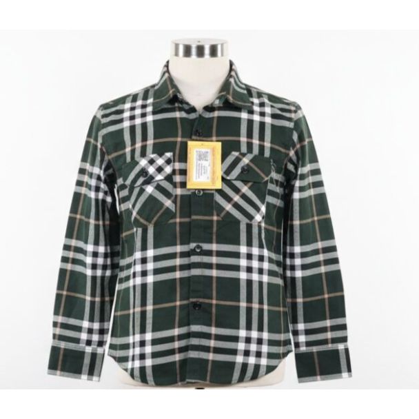 Green plaid button-down shirt with long sleeves and classic fit, displayed on a mannequin