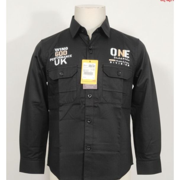 Black cotton shirt with long sleeves, two pockets, and a collared neckline.