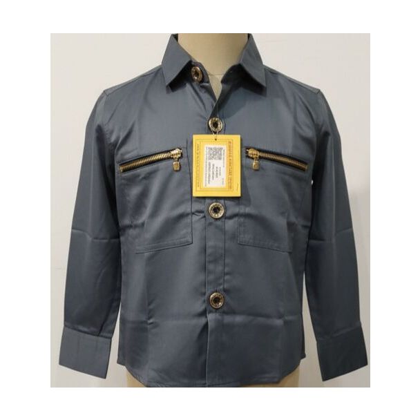 Charcoal grey cotton shirt with gold zippers and buttons on mannequin
