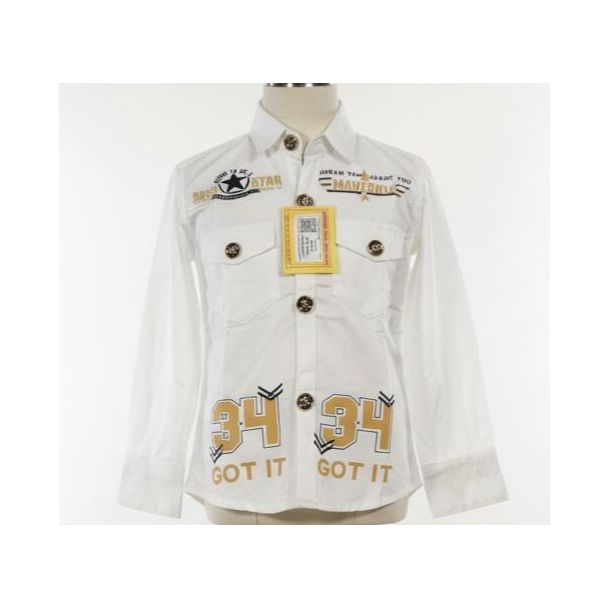 White cotton shirt on mannequin with gold number graphics and black patches