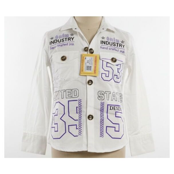 White long-sleeve shirt with purple outline numbers and text patches