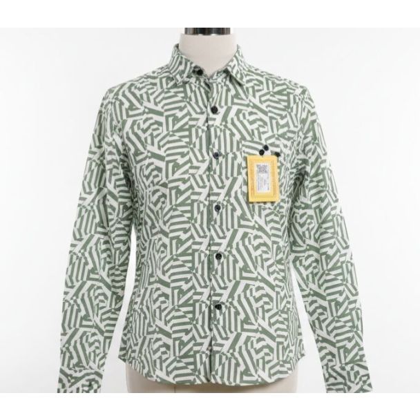 Men's collared shirt with sage green and white abstract geometric print