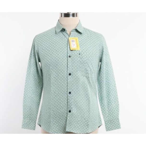 Light green cotton shirt with small floral pattern and button-down closure