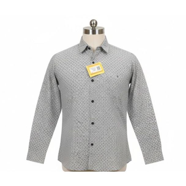 Gray cotton shirt with black geometric pattern and long sleeves