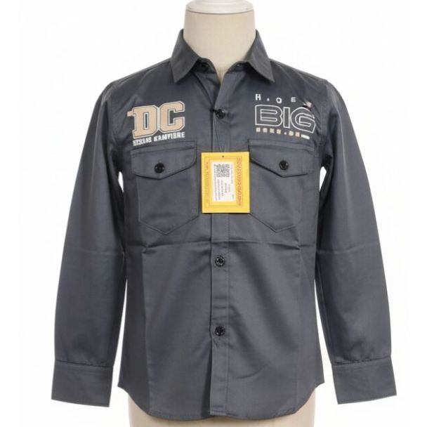 Gray work shirt with patches, two chest pockets, and long sleeves on a mannequin.