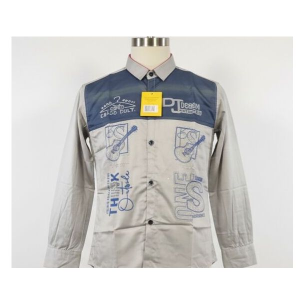 Men's gray button-down shirt with navy blue color block, graphic prints, long sleeves