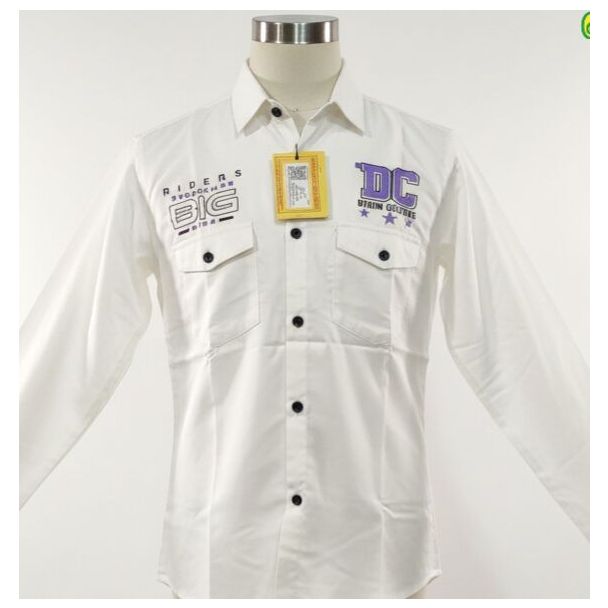 White cotton long sleeve shirt with purple graphics on the chest pockets, a classic collar, and a button-down front.