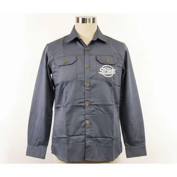 Charcoal grey work shirt, long sleeve, collared, button-down with chest pockets.
