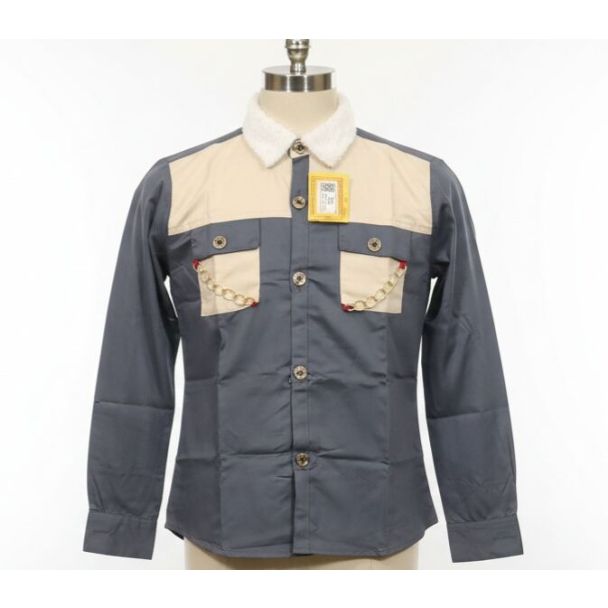 Charcoal grey cotton shirt with beige yoke, sherpa collar, and chest pockets with chains.