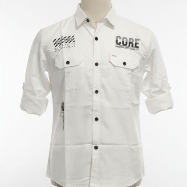 White casual button-down shirt with black text graphics and rolled-up sleeves.