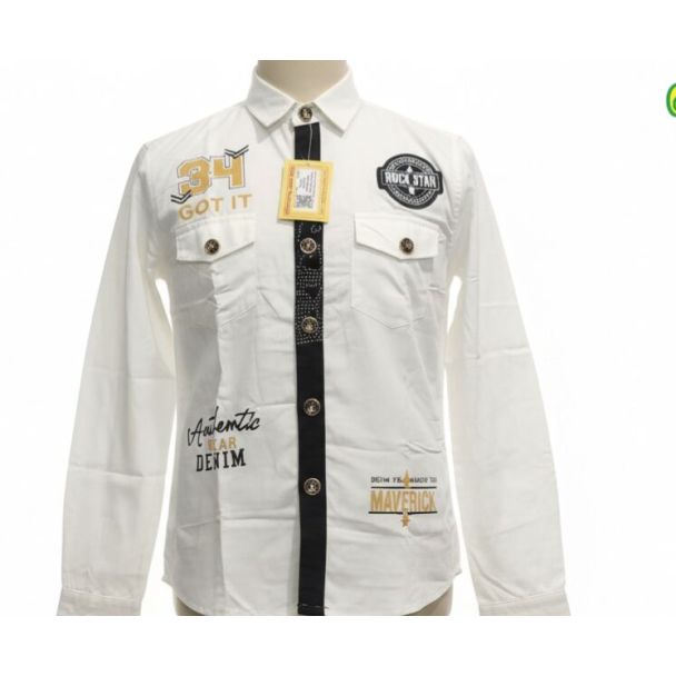White long sleeve shirt with black vertical trim, embroidery, and 'Rock Star' patch.
