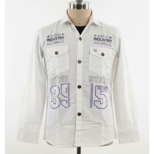 White button-up shirt on mannequin with purple text and number graphics
