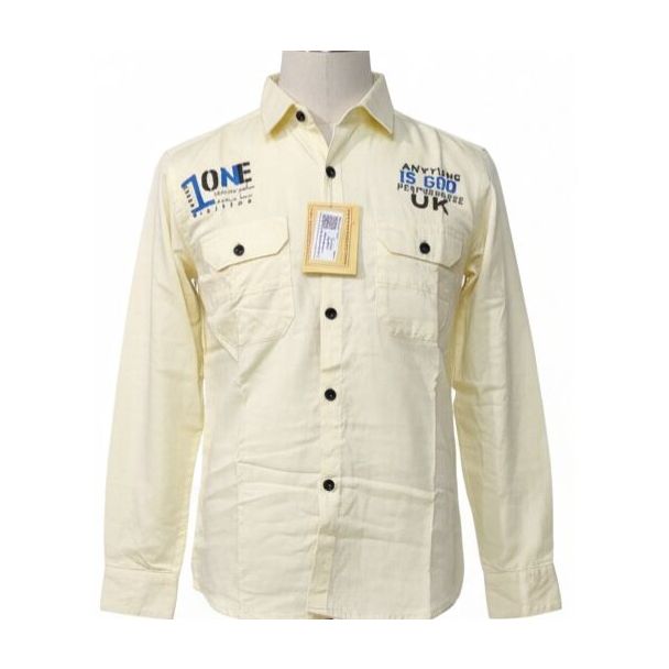 Off-white cotton long-sleeve shirt with black buttons and front pockets