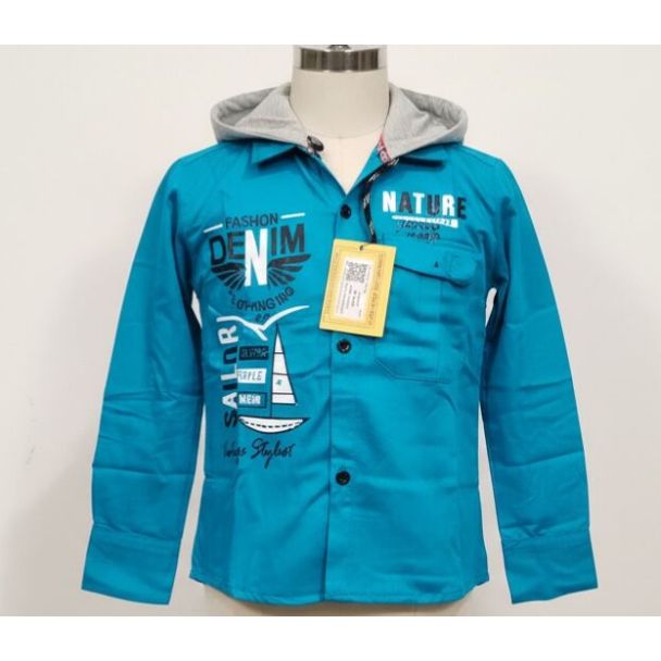 Bright blue cotton shirt with graphic prints and attached gray hood