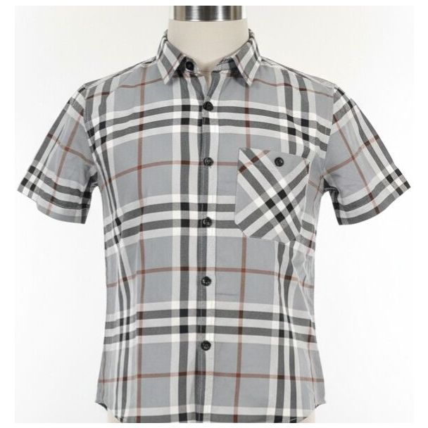 Gray plaid short-sleeve button-down shirt with a classic collar and chest pocket