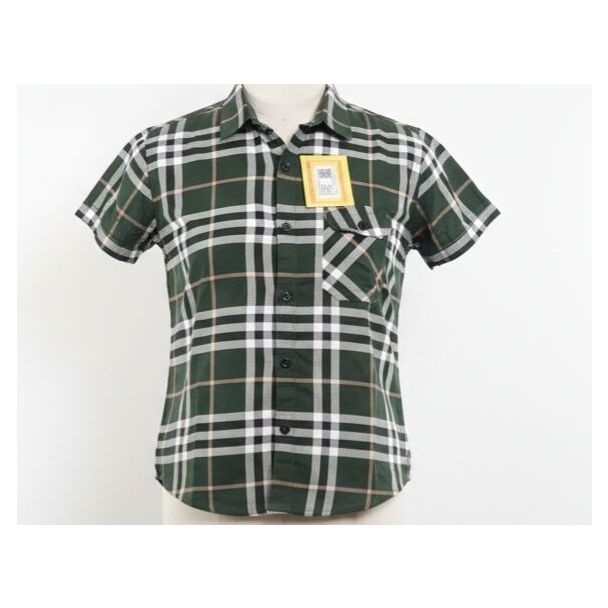 Dark green plaid short-sleeved button-down shirt with white and tan accents