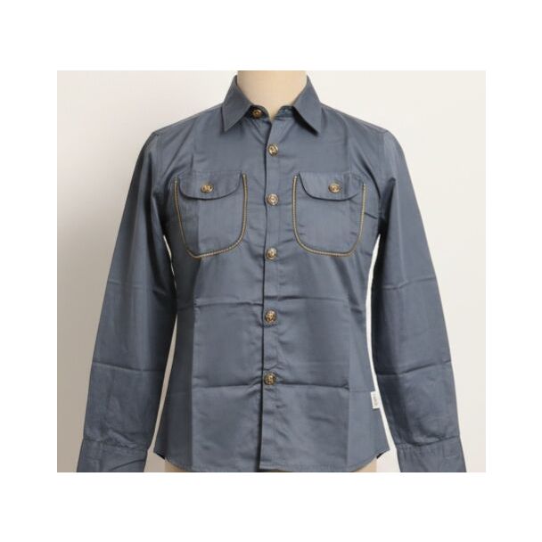 Slate gray cotton shirt with full sleeves, collared neckline, and two chest pockets.