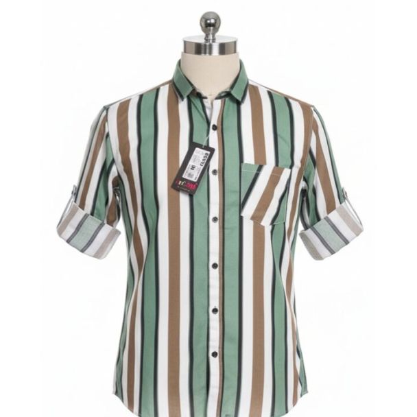 Mannequin wearing a green, brown, black, and white striped short-sleeved button-down shirt.
