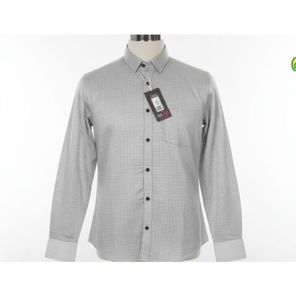 Light grey textured men's dress shirt with full sleeves and button-down front.