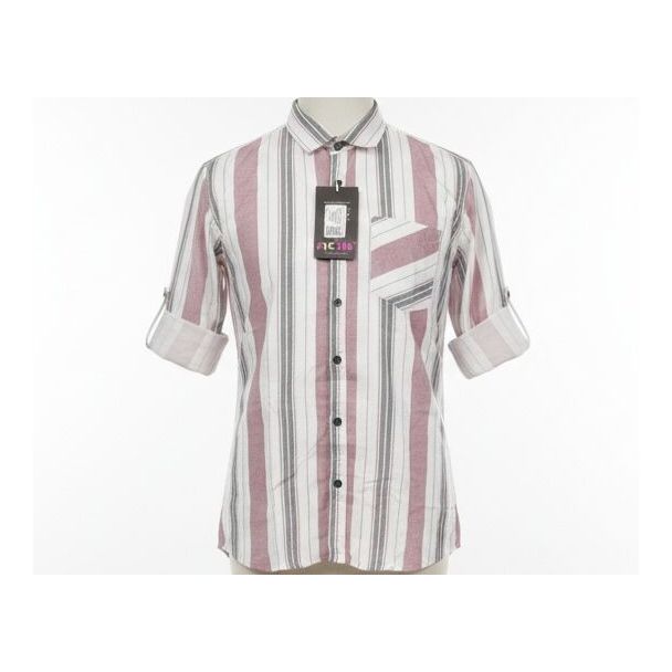 White cotton shirt with muted red and grey vertical stripes, roll-up sleeves