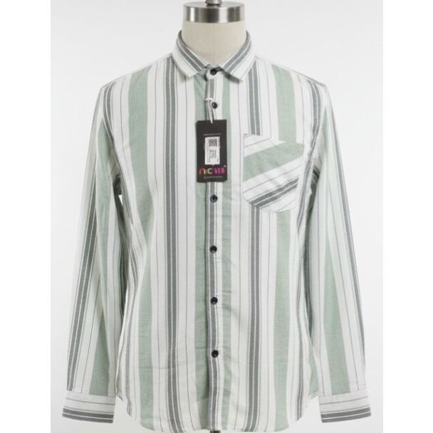 Men's long sleeve collared shirt with vertical sage green, gray, and white stripes