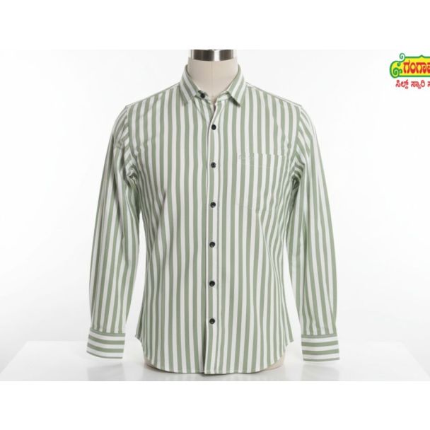 Light green and white vertically striped cotton shirt with full sleeves