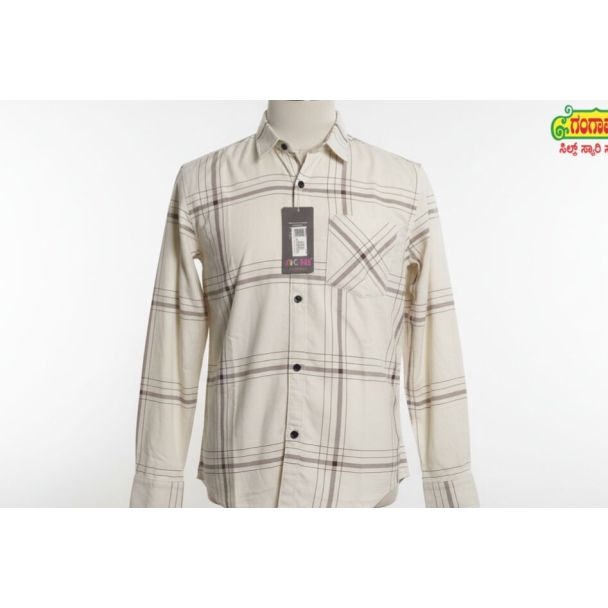 Beige cotton shirt with brown plaid pattern, long sleeves and button front