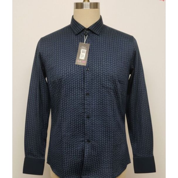 Men's deep navy blue full-sleeve tailored shirt with geometric print on mannequin