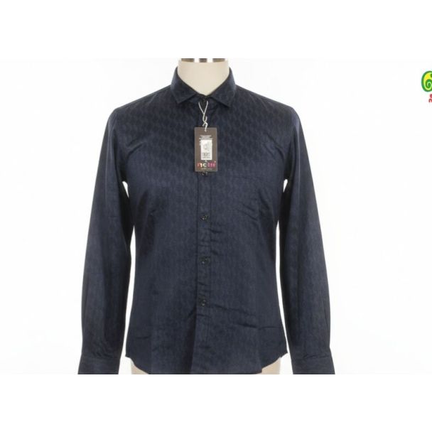 Navy blue men's dress shirt with a subtle textured pattern, long sleeves and a classic collar.