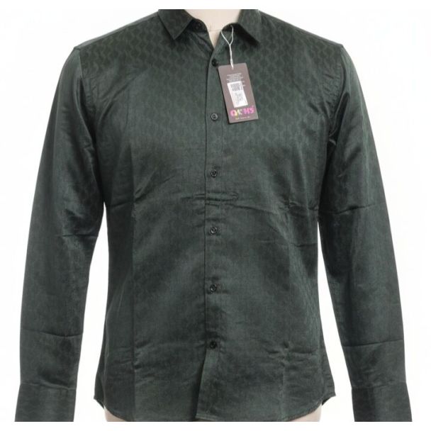 Dark green shirt with geometric pattern and long sleeves on a mannequin.