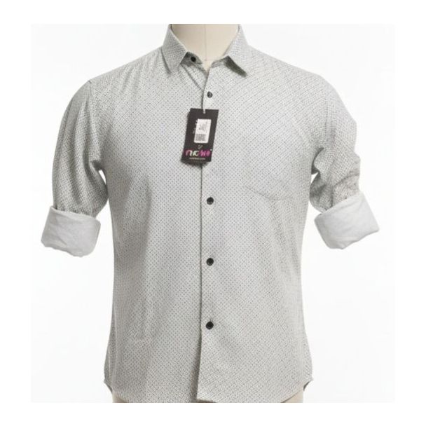 Light grey men's shirt with small dark dots, cuffed sleeves, a collar, and a button-down front.