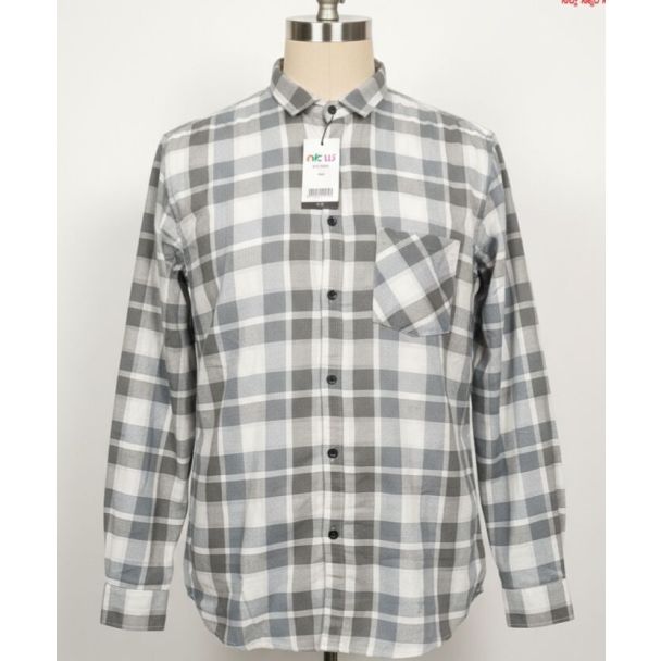 Gray and white plaid cotton shirt with a button-down collar and long sleeves, displayed on a mannequin.