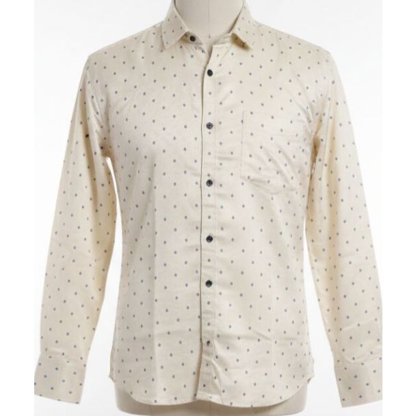 Cream cotton full sleeve shirt with navy diamond dot pattern and collared neckline