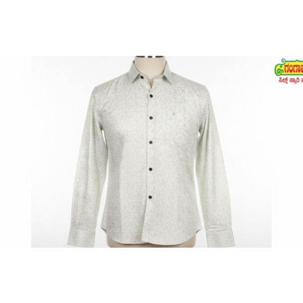 Light gray patterned long-sleeve collared dress shirt with black buttons
