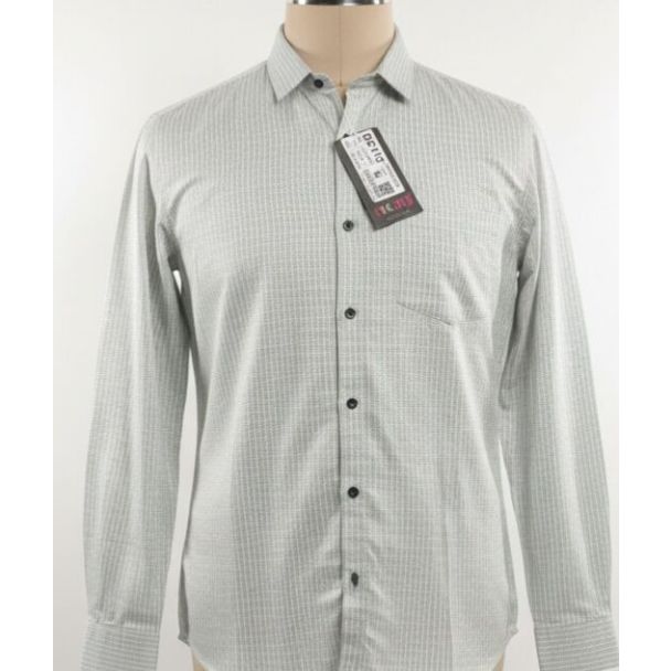 Light gray men's formal button-down shirt with a subtle grid pattern on a mannequin.