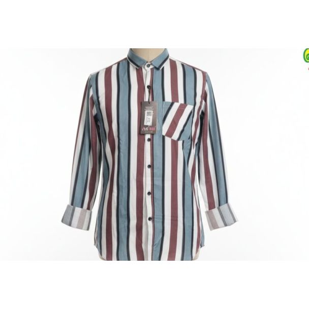Men's long sleeve shirt with multi-colored vertical stripes and black buttons