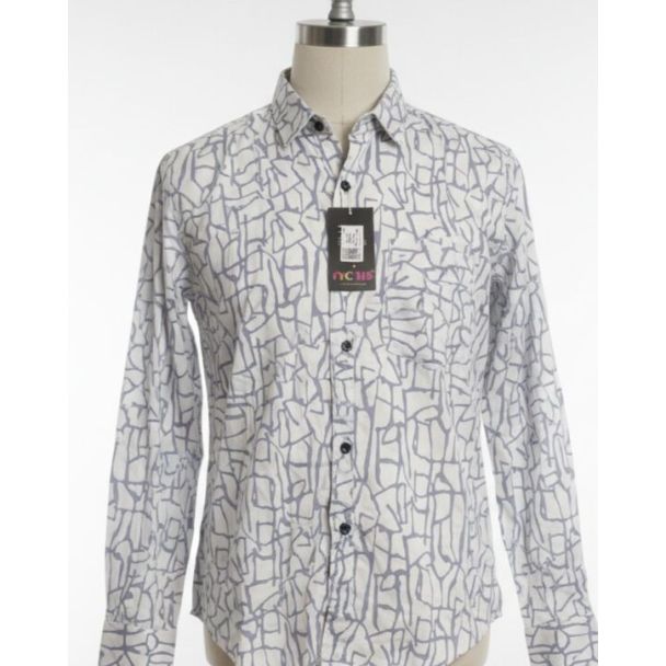 White cotton button-up shirt with gray stone-like pattern