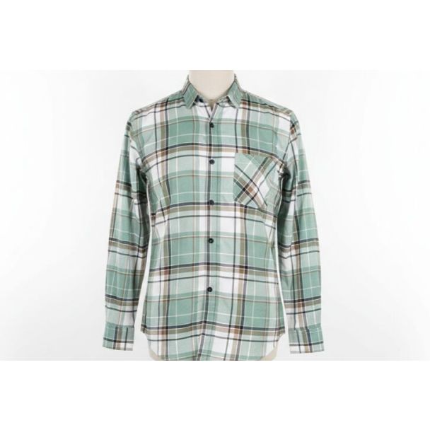 Green, brown, black, and white plaid cotton shirt on a mannequin